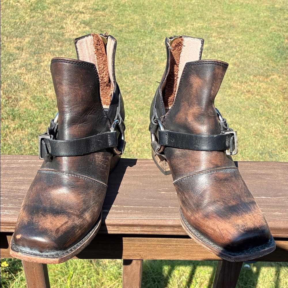 Freebird by Steven Brown Distressed Leather Harness Ankle Boots